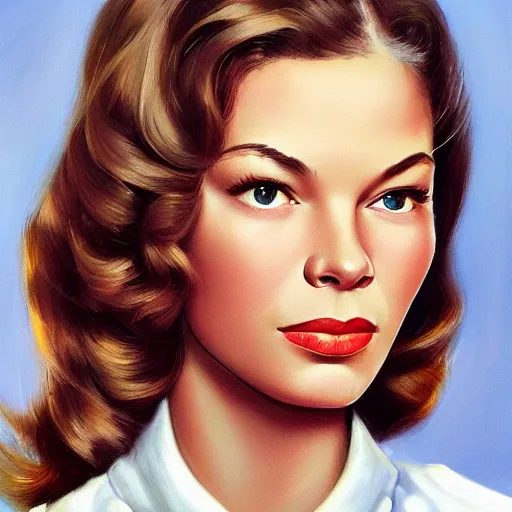 Image similar to young beautiful lauren bacall color studio publicity photo , tight face shot portrait, highly detailed, digital painting, artstation, concept art, sharp focus, illustration, art , by norman rockwell