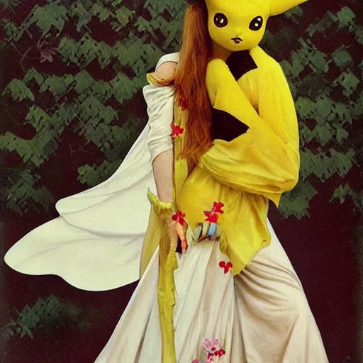 Image similar to elegant woman dressed up as pikachu art photo by Annie Liebovitz and Alphonse Mucha