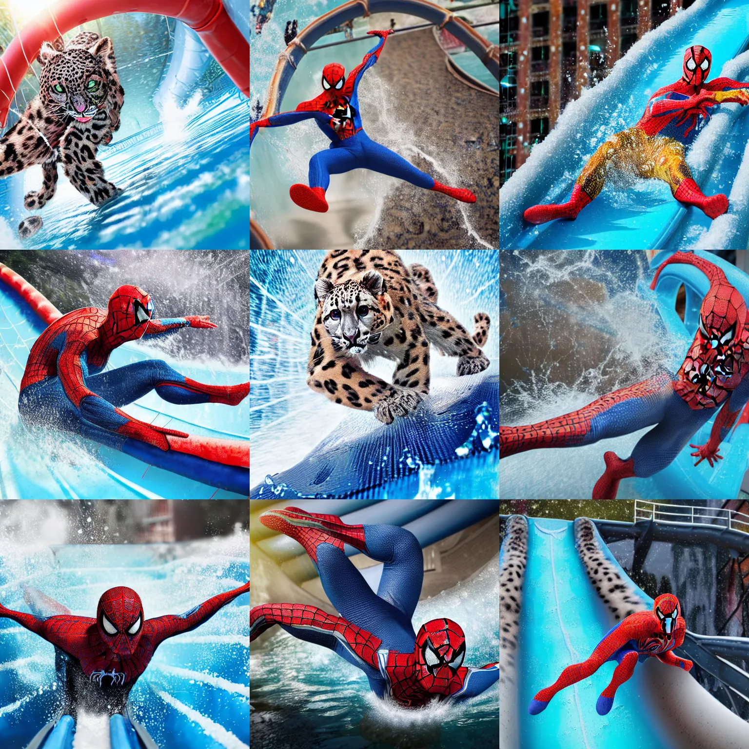 Prompt: a closeup photorealistic photograph of a colorful knitted spider man themed snow leopard riding down a water slide. splashing. professional capture. bright scene. this 4 k hd image is trending on artstation, featured on behance, well - rendered, extra crisp, features intricate detail, epic composition and the style of unreal engine.