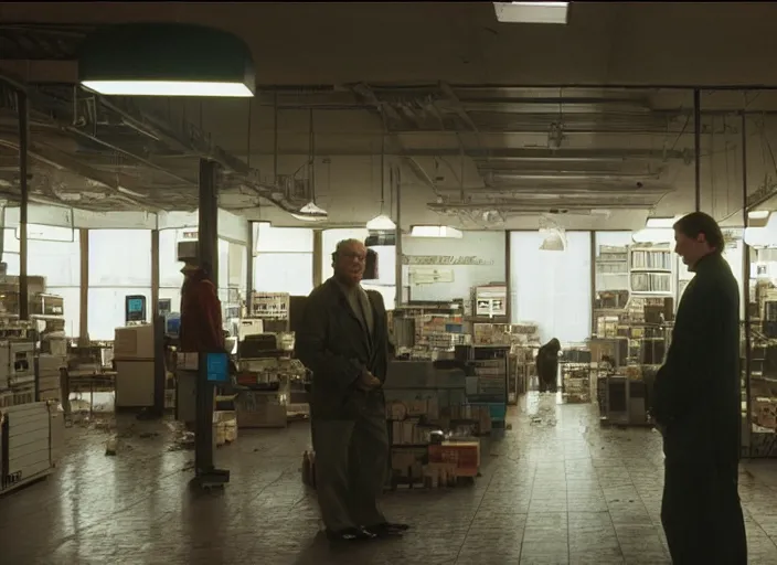 Image similar to cinematic wide shot of backlit windows of a narrow used electronics store, bryan cranston wanders the messy aisles, keyboards, iconic scene from the paranoid thriller sci fi film directed by wes anderson, anamorphic cinematography, beautiful composition, color theory, leading lines, photorealistic, volumetric lighting