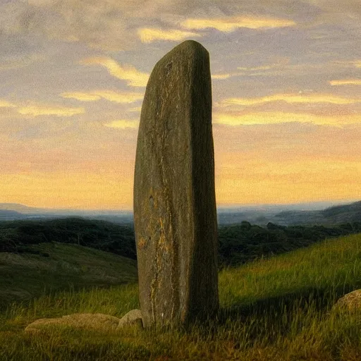 Image similar to a beautifully detailed oil painting of a menhir covered in celtic runes, on the top of a hill, dusk, caspar david friedrich, artstation