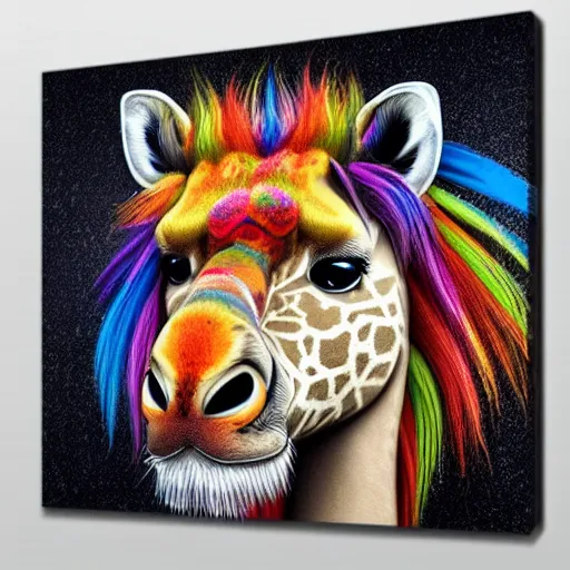 Prompt: portrait of a cute fluffy giraffe with long colorful flowing lion mane with mohawk hairstyle hybrid animal detailed painting 4 k