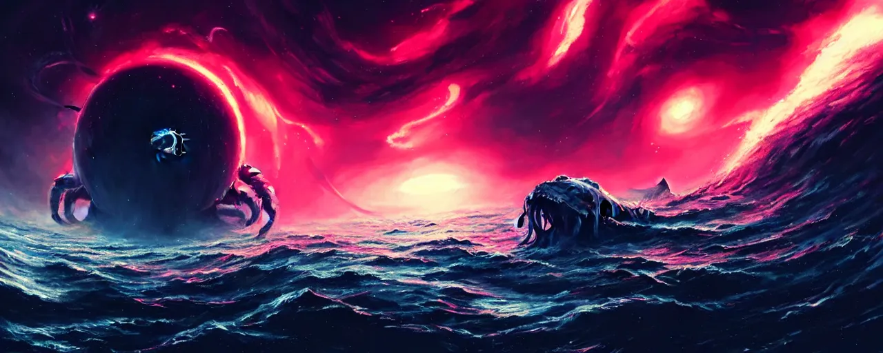 Prompt: A wide shot of a kraken with sharp fangs swimming in space eating a planet, stars and a nebula in the background art by Maciej Kuciara and Jason Chan, ominous, cosmic horror, trending on artstation, Ultra detailed, hyper realistic 4k