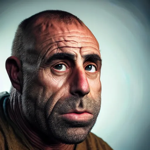 Prompt: Photo portrait Joe Rogan as a wax neanderthal cave man exaggerated brow stoic savage in the natural history museum face closeup background dramatic lighting 85mm lens by Steve McCurry