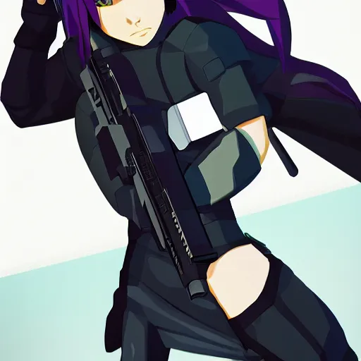 Image similar to Anime Major motoko kusanagi in all black uniform wielding a rifle, low poly