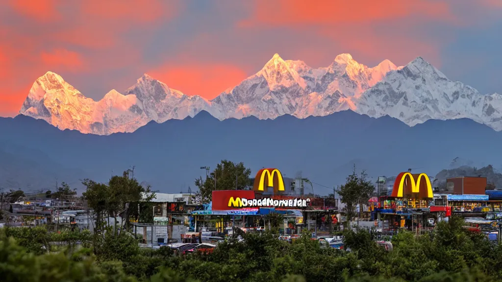 Prompt: sunset moody picture of the Himalayan mountain range with a large McDonalds restaurant in the middle of the picture disturbing the view, large-format landscape photography
