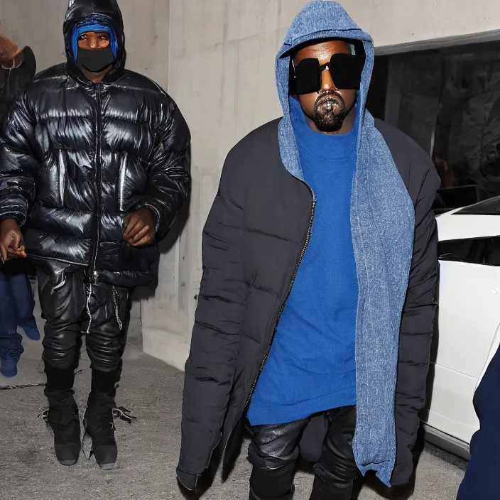 Image similar to kanye west using a full face covering black mask, a small bright blue round puffer jacket made of nylon and big black rubber boots,