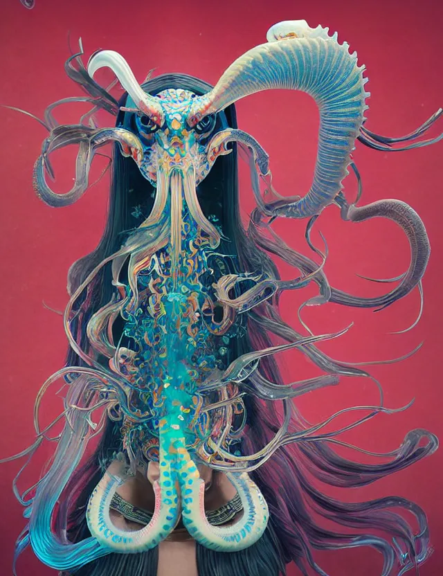 Image similar to 3 d goddess squid half - turn portrait with long hair with ram skull. beautiful intricately detailed japanese crow kitsune mask and clasical japanese kimono. betta fish, jellyfish phoenix, bio luminescent, plasma, ice, water, wind, creature, artwork by tooth wu and wlop and beeple and greg rutkowski