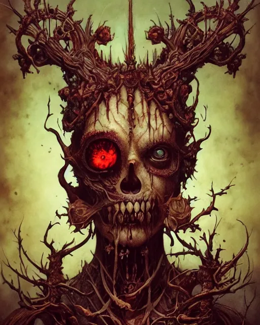 Image similar to perfectly centered portrait front view of a angry dead rotten beautiful broken skull growing ornamentation all around, ornate, detailed, symmetrical, elegant, beautifully soft lit, by wayne barlowe, peter mohrbacher, kelly mckernan