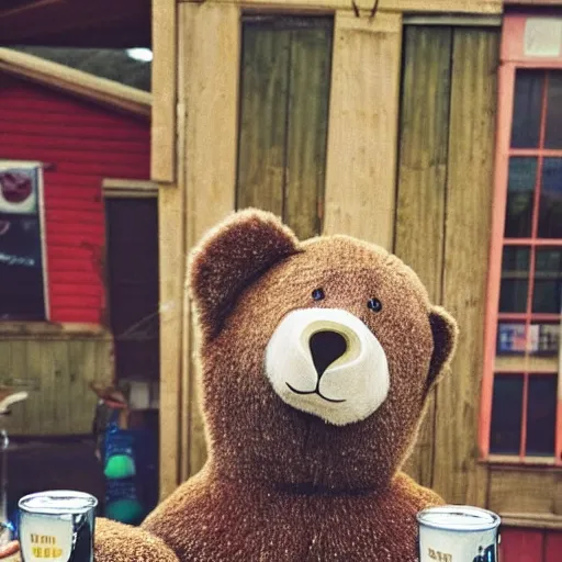 Prompt: friendly bear holding a beer