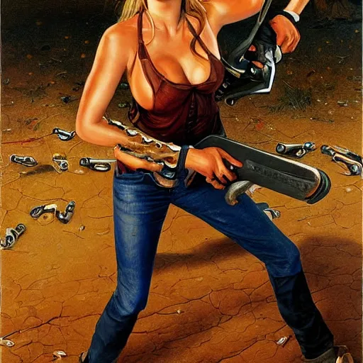 Prompt: bar refaeli with an unhinged expression, holding a chainsaw, by normal rockwell and michael cheval