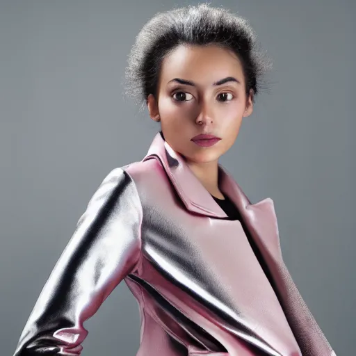 Image similar to female, beautiful, portrait, photograph, looking at viewer, silver pink black jacket,