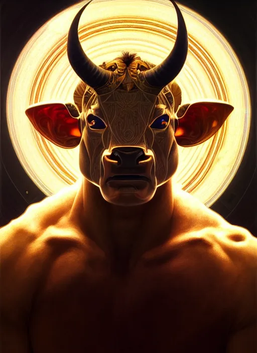 Prompt: symmetry!! portrait of minotaur, sci - fi, glowing lights!! intricate, elegant, highly detailed, digital painting, artstation, concept art, smooth, sharp focus, illustration, art by artgerm and greg rutkowski and alphonse mucha, 8 k