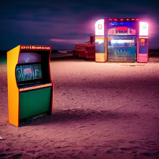 Image similar to an abandoned arcade machine on the beach at night. photograph in the style of simon stalenhag