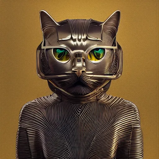 Image similar to gold and silver tones, cybernetic cat, style of moebius, james jean, rutkowski, cinematic, high detail, award winning, 8 k photorealistic