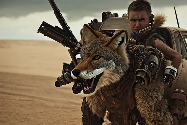 Image similar to a good ol'coyote fursona ( from the furry fandom ), heavily armed and armored facing down armageddon in a dark and gritty version from the makers of mad max : fury road. witness me.