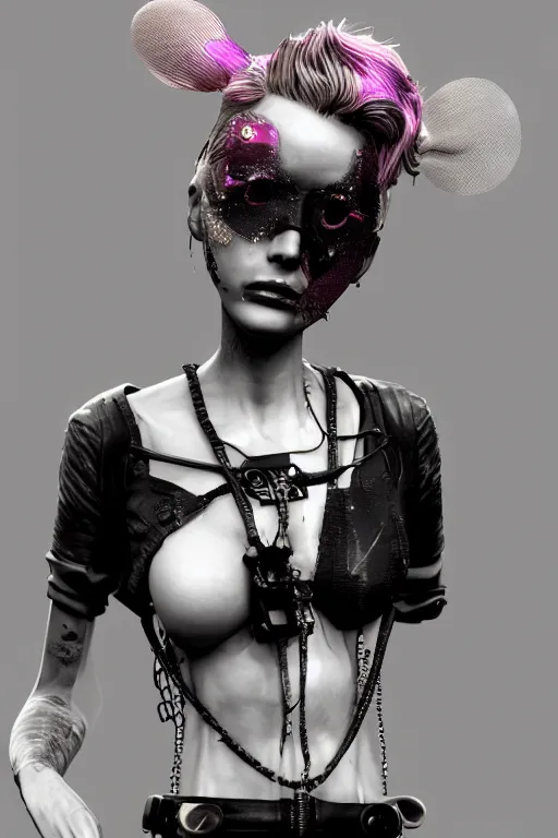 Prompt: an epic non - binary model, subject wearing a belt made out of computer mice, grungy, beautiful, intricate, black and white colors, with pastel pink highlights, melting, houdini sidefx, by jeremy mann and ilya kuvshinov, jamie hewlett and ayami kojima, trending on artstation, bold 3 d