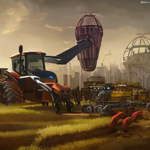 Image similar to agricultural machinery as a world leader, cyberpunk, machine revolution, matte painting, trending on artstation