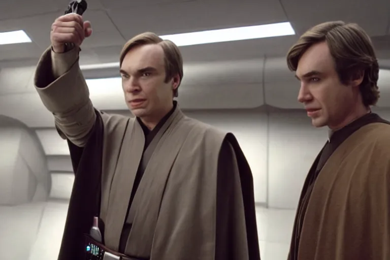 Prompt: a jedi master anakin skywalker is defended in star wars senate by saul goodman also known as jimmy mcgill, star wars revenge of the sith, better call saul, 1 0 8 0 p, court session images