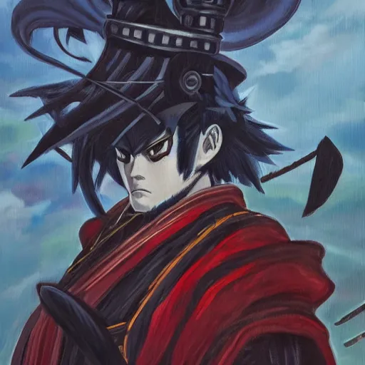 Image similar to Trending on artstation, Ghost of Tsushima samurai from Yu-Gi-Oh, in the style of Kazuki Takahashi, oil on canvas