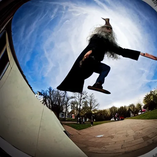 Image similar to Gandalf doing a kickflip, fisheye lens