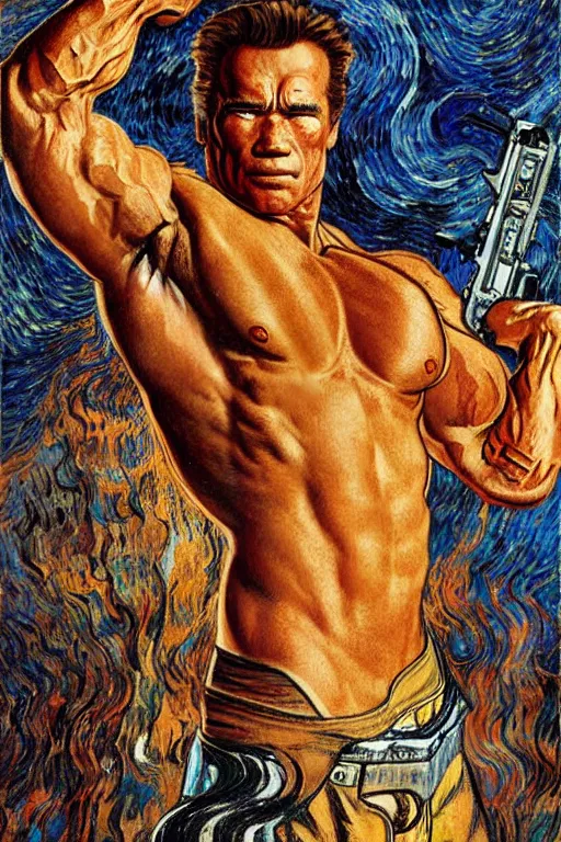 Image similar to character art the contra, bill rizer, arnold schwarzenegger, by karol bak, jean deville, gustav klimt, and vincent van gogh