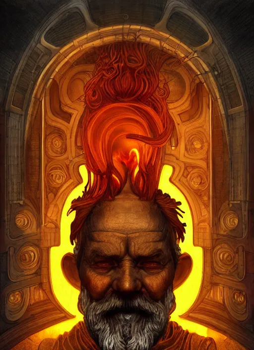 Image similar to the god hephaestus, old man, fiery hair, glowing eyes, volumetric lights, yellow and red scheme, art nouveau botanicals, gothic, intricate, highly detailed, digital painting, artstation, concept art, smooth, sharp focus, symmetric face, illustration, steampunk, art by artgerm and greg rutkowski and alphonse mucha