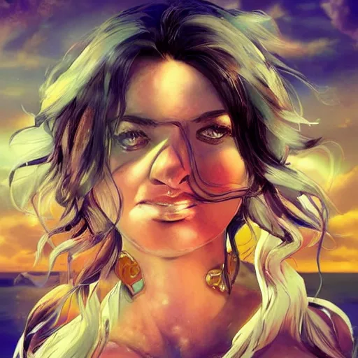 Image similar to portrait of beautiful woman on the beach, brown eyes, sunset, highly detailed, by wlop, rossdraws, artgerm.