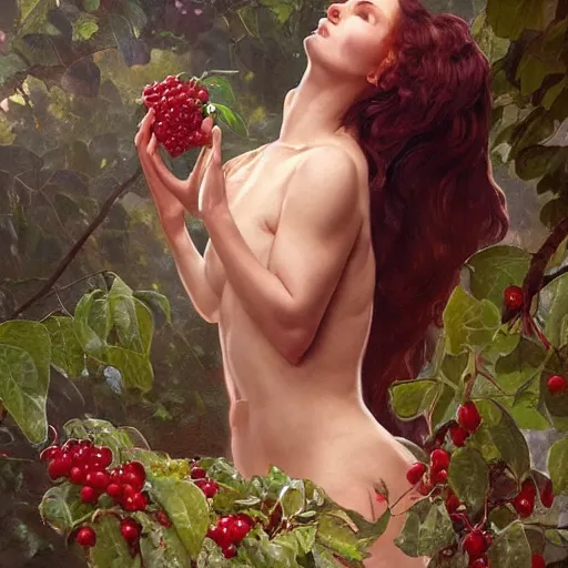 Image similar to eve eating fruit from the tree of knowedge of good and evil in the gardnen of eden, highly detailed, digital painting, artstation, concept art, smooth, sharp focus, illustration, artstation, art by artgerm, greg rutkowski, alphonse mucha, ilya repin and charlie bowater