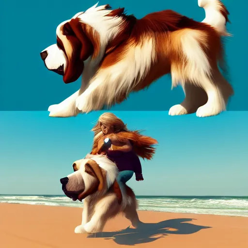 Image similar to girl riding a giant saint Bernard at the beach playing fetch, trending on artstation