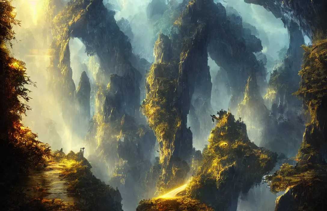 Prompt: a huge arc far away in the style of stephan martiniere, detailed dreamscape, hyperreal phantastic, intricate details in environment, golden ratio, high aestehtic, waterfalls and lakes, cinematic light dramatic light, lightrays, flying birds in distance, trending on artstation
