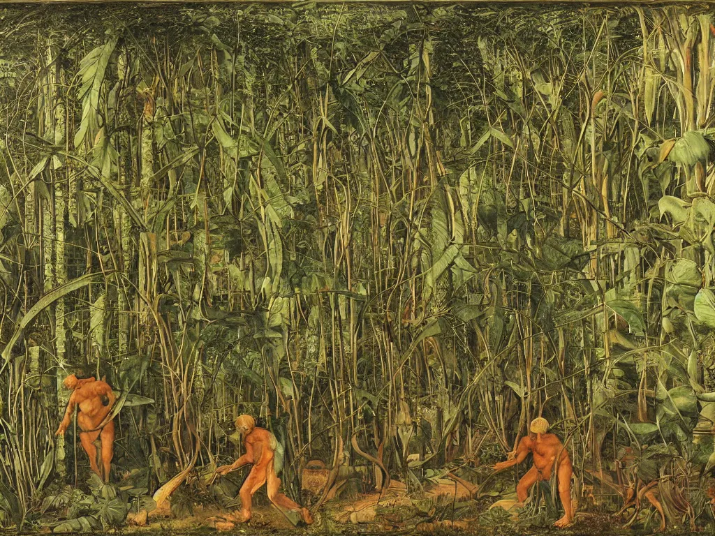 Prompt: Man lost in the Amazonian jungle among the carnivorous plants, panthers and giant leaves. Painting by Giotto
