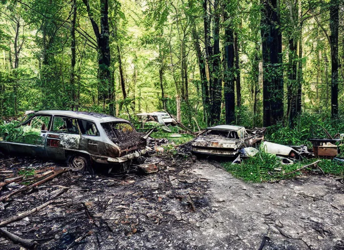 Image similar to an overgrown street corner, derelict vehicles taken by the vegetation, a camp fire sits in the forest ground with trees framing the shot,