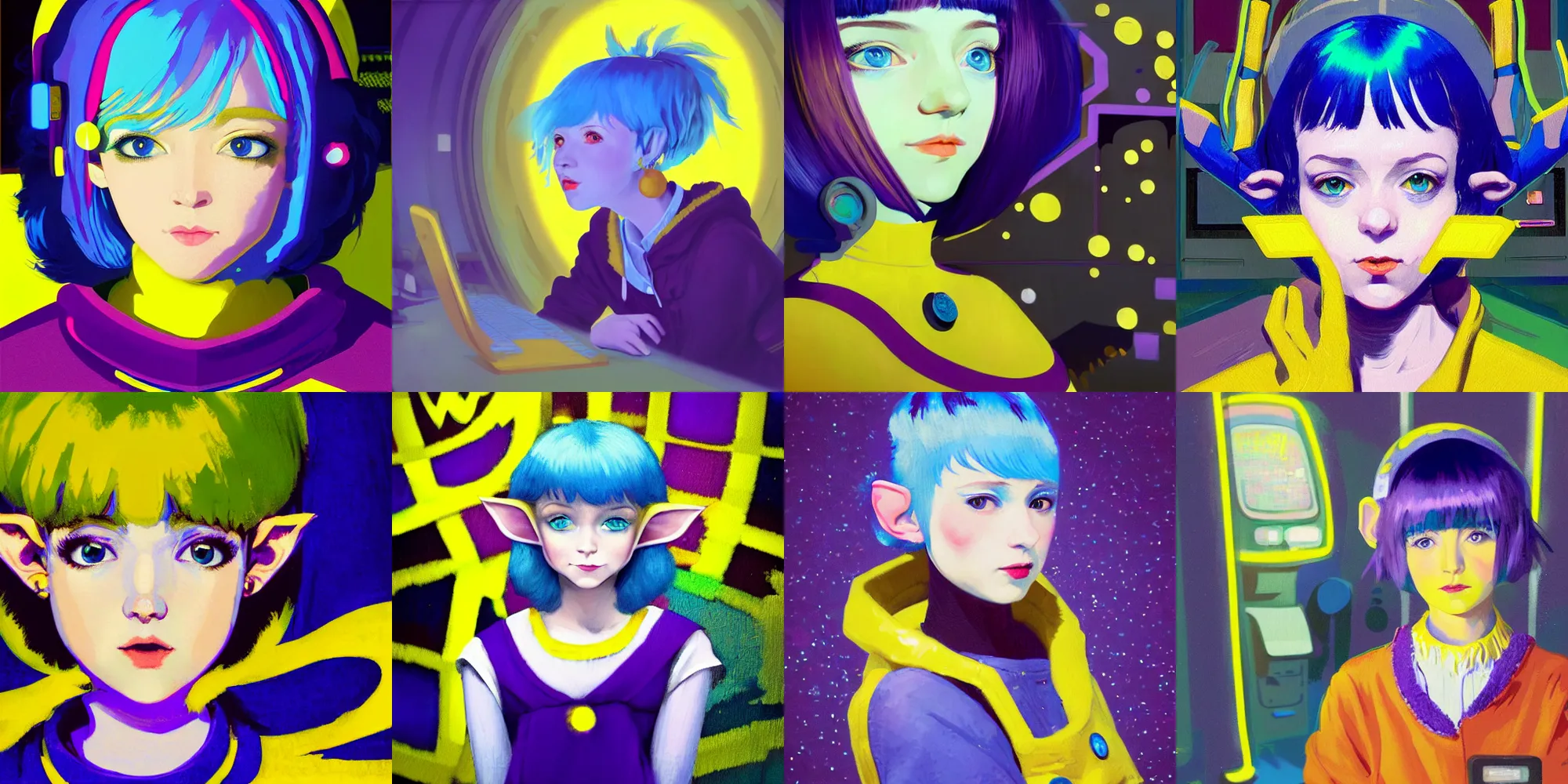 Prompt: An impressionistic painting of a young smug looking blue haired elf girl with a bob haircut and purple eyes wearing a yellow poncho reminiscent of a space suit covered in colourful badges and yellow gauntlets covered in buttons surrounded by computer servers in a futuristic neon-lit office by Ilya Kuvshinov and Edouard Manet and J. Allen St. John, digital art, anime key visual