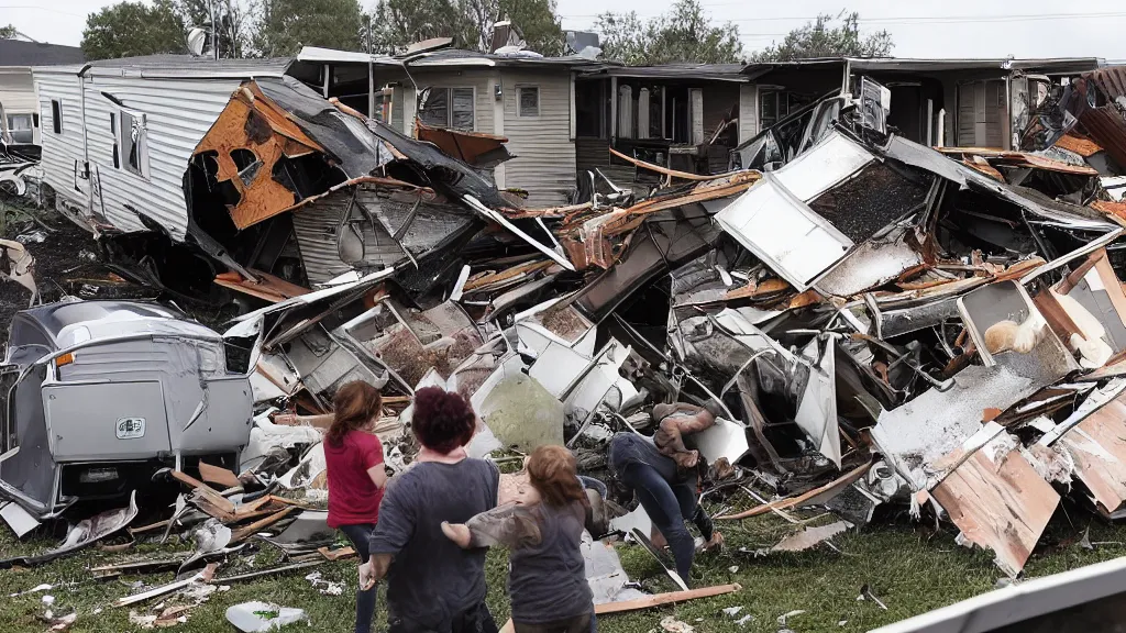 Prompt: a huge violent angry ogre stomps through a trailer park, background trailer homes and smashed trailer homes, people looking on in astonishment