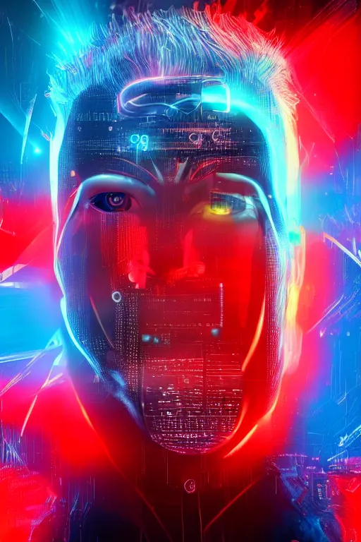 Image similar to portrait of cyber donald trump, futuristic style, neon lights, fog volumetrics, cyborg futuristic sci - fi