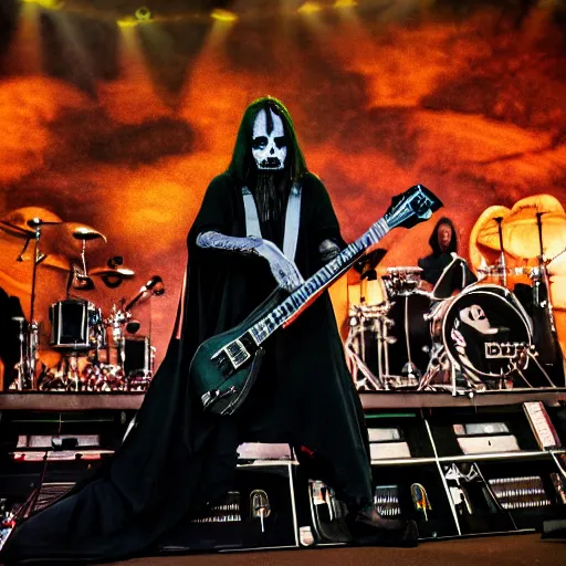 Prompt: the grim reaper playing live with Black Sabbath, live on stage, photorealism,