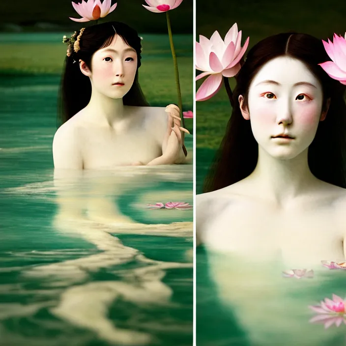 Image similar to Kodak Portra 400, 8K, soft light, volumetric lighting, highly detailed, Rena Nounen style 3/4 ,portrait photo of a Japanese beautiful female how pre-Raphaelites painter, the face emerges from the water of Pamukkale with lotus flowers, inspired by Ophelia paint , a beautiful chic dress and hair are intricate with highly detailed realistic beautiful flowers , Realistic, Refined, Highly Detailed, natural outdoor soft pastel lighting colors scheme, outdoor fine art photography, Hyper realistic, photo realistic