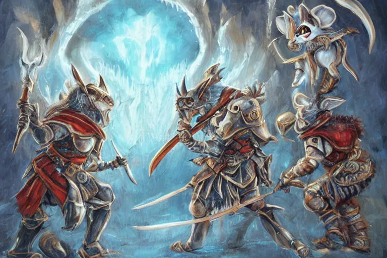 Image similar to dungeons and dragons fantasy painting, close order phalanx of mice spartans, 3 0 0, whimsical and cute, determined expressions, watery blue eyes, anime inspired, white fur, tufty whiskers, steel blades, dawn lighting, at thermopolae