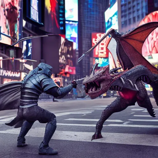 Prompt: a knight fighting a dragon in Times Square, unreal engine, 8k, photo realistic