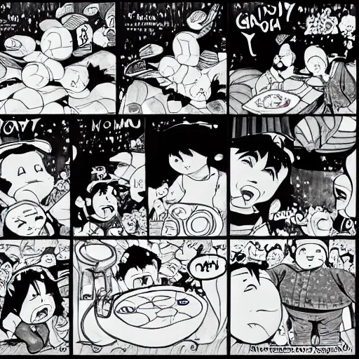 Prompt: your mama is so fat she has her own gravity, comic strip style, pen and ink, anime, ghibli style