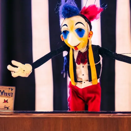 Image similar to puppeteer in puppet show using a string marionette of a president with clown makeup in a podium