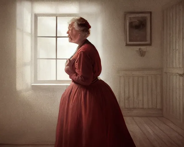Image similar to an innocent and beautiful scene in hyper realistic style, about an old and lonely woman painting a huge colorful fish on the wall, lighting from the barred window. shadows. victorian dress. 4 k. wide angle. wild. red mouth, blue eyes. deep focus, lovely scene. ambient occlusion render. unreal engine.