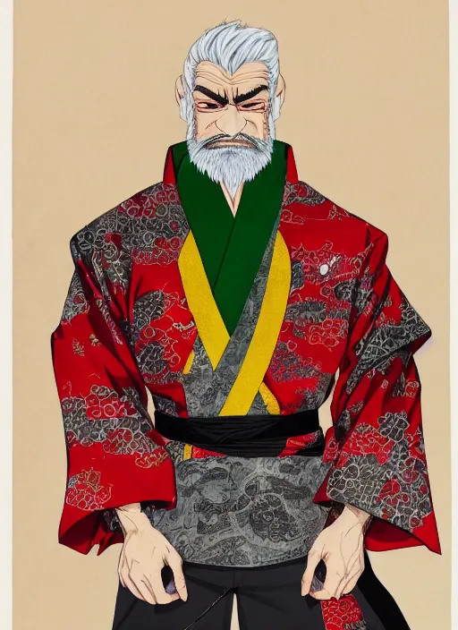 Image similar to half body portrait of a handsome muscular old mad with blonde hair and grey beard wearing and ornate red, green and gold trench coat. detailed, wearing kimono armour, by conrad roset, takato yomamoto, jesper ejsing, masamune shiro