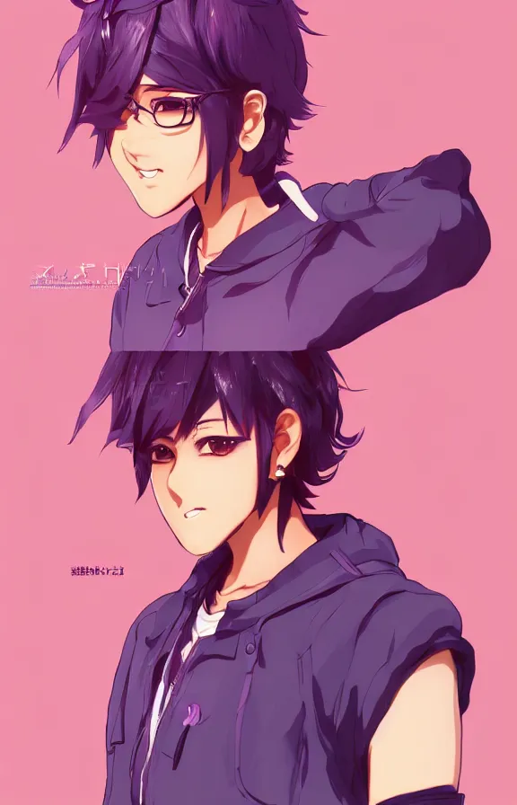 Prompt: character design of Anthony himemiya as a college student, short purple hair, desi girl, tokyo fashion, detailed anime character art, tomboy, concept art, portrait, japanese streetwear, dramatic pose, shoujo manga character design, character art, urban, vibrant, highly detailed, full body, Akihiko Yoshida