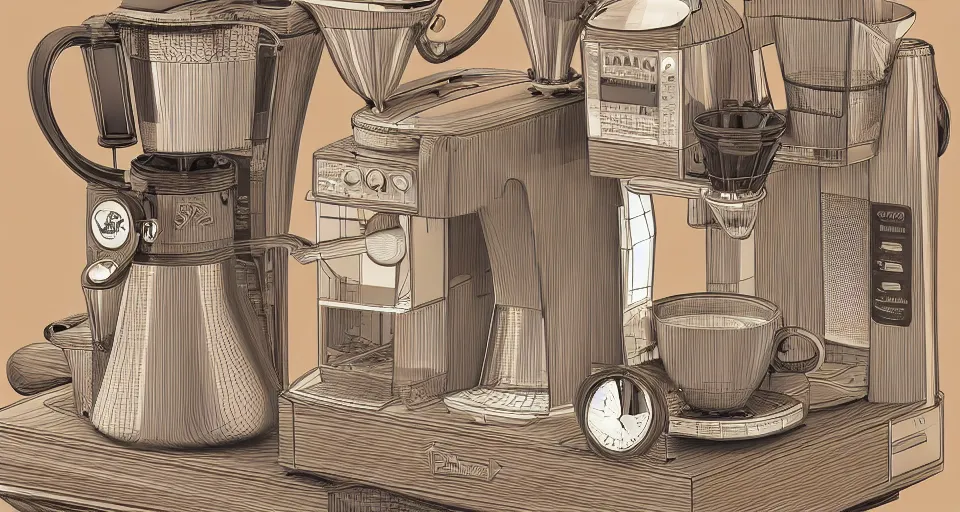 Image similar to a hyper complex drip coffee maker in the 1 9 7 0 s era kitchen, in the style of hownosm and james jean, ultimate collab, epic, digital art, 3 d, h 9 6 0