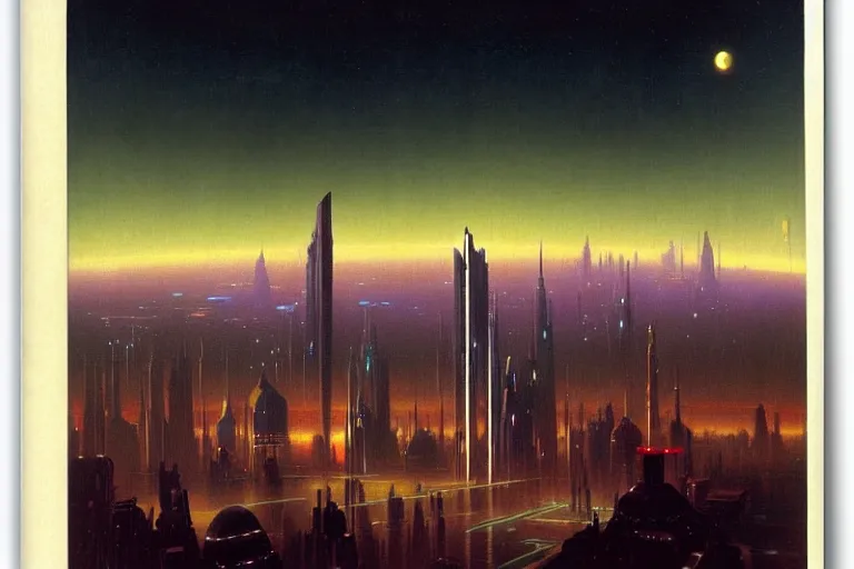 Image similar to a scifi illustration, Night City on Coruscant by martin johnson heade