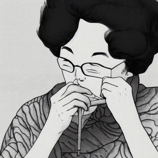 Image similar to closeup of my grandma eating crayons, in the style of mondo grosso killian eng kawase hasui james jean, artstation trending, 8 k, 3 d render, photorealistic, volumetric lighting caustics, black and white, detailed af