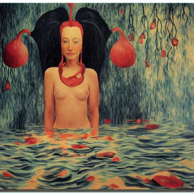 Image similar to tall female artist holding art supplies in her flooded apartment, pomegranates, octopus, water gushing from ceiling, painting of flood waters inside an artist's apartment, a river flooding indoors, candles, ikebana, zen, rapids, waterfall, black swans, canoe, berries, acrylic on canvas, surrealist, by magritte and monet