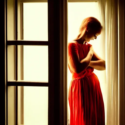 Prompt: woman wearing white and red looking outside the window in her bedroom at night, elegant, highly detailed, 8 k, photorealistic, photography, real picture, heavy grain, studio lighting, hdr, photographed by steve mccurry, annie leibovitz, henri cartier - bresson, robert capa, andreas gursky